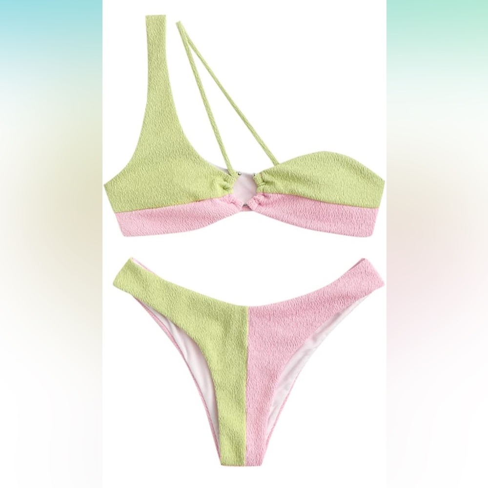 ZAFUL Textured One Shoulder Two Tone Cheeky Two Piece Bikini Set
